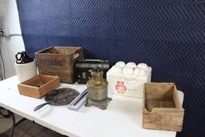 lot 15 image: Assorted Collection with Antique Lantern, Vintage Lunchbox, and More