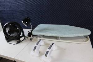 lot 18 image: Household Essentials Bundle Fan, Desk Lamp, Mini Ironing Board, and Suction Grab Bars