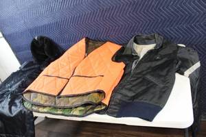 lot 37 image: Collection of Vintage Outerwear with Orange Hunting Vests and Butwin Jacket