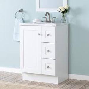 lot 40 image: Glacier Bay Bannister 25 in. Single Sink White Bath Vanity with Granite-Look Colorpoint NO Top (Assembled) Customer Returns See Pictures