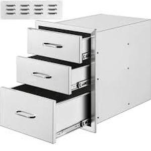 lot 47 image: SKYSHALO Outdoor Kitchen, 20.5 in. in Stainless Steel, 3-Drawers with Chrome Handle, Access Drawer  Customer Returns See Pictures