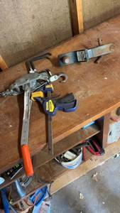 lot 1567 image: Set of Assorted Hand Tools Including Come-Along, Quick-Grip Clamp, and Woodworking Plane