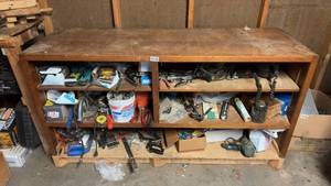 lot 1630 image: Large Wooden Workbench with Assortment of Hand Tools and Supplies