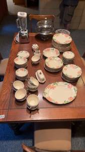 lot 1663 image: Lot of Dinnerware Set, Oster Blender, Glass Dome, and Cake Stand