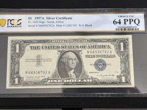lot 1 image: 1957 A Blue Seal $1 Dollar Silver Certificate PCGS 64 PPQ Choice Uncirculated