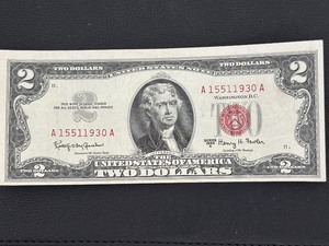 lot 3 image: 1963 A Red Seal $2 Dollar Note Uncirculated