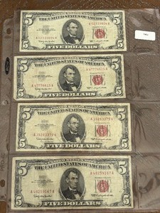 lot 34 image: 1963 Red Seal $5 Dollar Notes