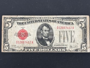 lot 57 image: 1928 A Red Seal $5 Dollar Note
