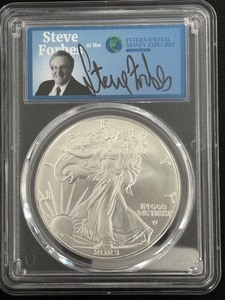 lot 46 image: 2023 Silver Eagle PCGS Gem BU Steve Forbes Signed