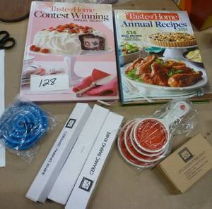 lot 128 image: 3 new paring knives, silicone measuring cups, funnel, stainless soap, Recipe books