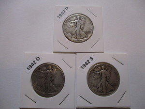 1942 P, D and S Walking Liberty Half Dollars (3)