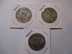 lot 42 image: 1943 P, D and S Walking Liberty Half Dollars (3)