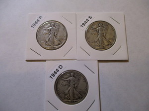 lot 43 image: 1944 P, D and S Walking Liberty Half Dollars (3)