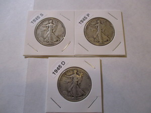 lot 44 image: 1945 P, D and S Walking Liberty Half Dollars (3)