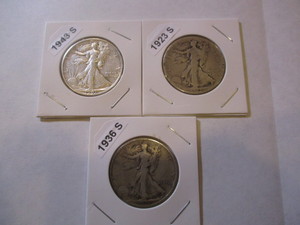 lot 45 image: 1923-S, 1936-S and 1943-S Walking Liberty Half Dollars (3)