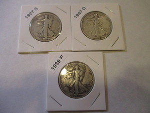 lot 46 image: 1927-S, 1939-P and 1947-D Walking Liberty Half Dollars (3)