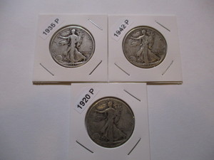 lot 47 image: 1920-P, 1935-P and 1942-P Walking Liberty Half Dollars (3)