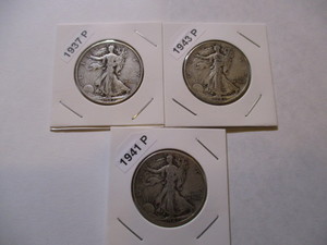 lot 48 image: 1937-P, 1941-P and 1943-P Walking Liberty Half Dollars (3)