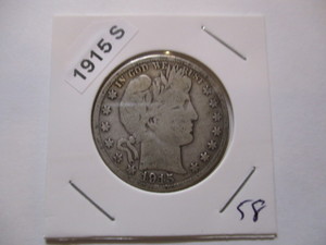 lot 58 image: 1915-S Barber Head Silver Half Dollar