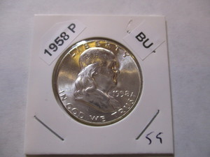 lot 59 image: 1958-P Franklin Silver Half Dollar from original bank roll - Excellent Condition