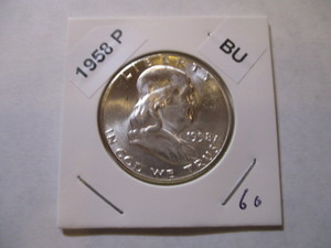 lot 60 image: 1958-P Franklin Silver Half Dollar from original bank roll - Excellent Condition