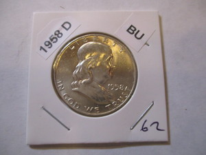 lot 62 image: 1958-D Franklin Silver Half Dollar from original bank roll - Excellent Condition