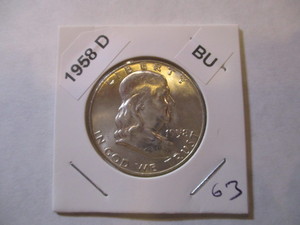 lot 63 image: 1958-D Franklin Silver Half Dollar from original bank roll - Excellent Condition