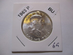 lot 69 image: 1963-P Franklin Silver Half Dollar from original bank roll - Excellent Condition