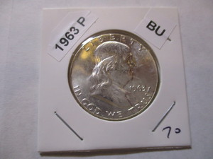lot 70 image: 1963-P Franklin Silver Half Dollar from original bank roll - Excellent Condition