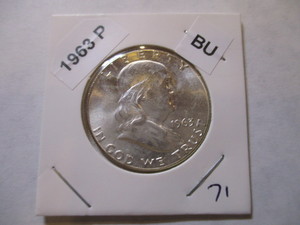 lot 71 image: 1963-P Franklin Silver Half Dollar from original bank roll - Excellent Condition