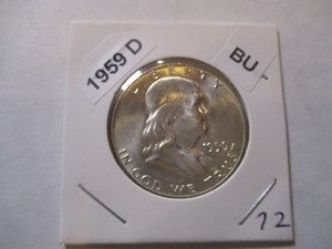 lot 72 image: 1959-D Franklin Silver Half Dollar from original bank roll - Excellent Condition
