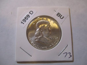 lot 73 image: 1959-D Franklin Silver Half Dollar from original bank roll - Excellent Condition