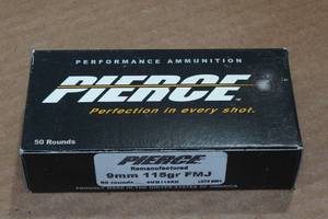 lot 300 image: 50 Pierce 9mm 115 Gr FMJ Ammo