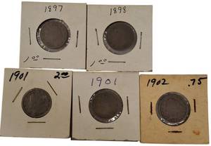 lot 1 image: Five  Old V Nickels 1897-1902