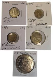 lot 15 image: Five silver world coins from different denominations and countries in very nice condition.