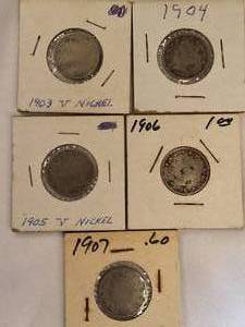 lot 16 image: Five V Nickels from 1903 to 1907 in nice condition