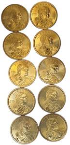 lot 20 image: Ten 2000-P Sacagawea Dollar Coins - Fresh from a mint coin roll and uncirculated.