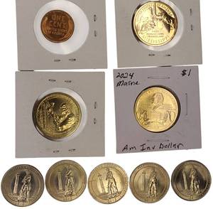 lot 25 image: Odd Lot Three Golden Dollars, Five Proof Quarters, and One 1958 Penny. All in very nice condition