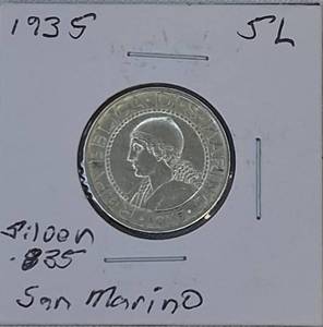 lot 38 image: 1935 San Marino  AU,  5L Silver, Very Nice