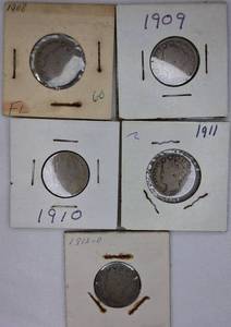 lot 40 image: Five V Nickels dated from 1908 to 1912 - Nice old coins.