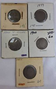 lot 42 image: Five V Nickels from 1899 to 1902, all with readable dates. A great addition to any collection