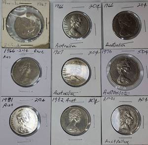 lot 44 image: Nine Old Australian Coin Lot Different Years, possible Error Coins