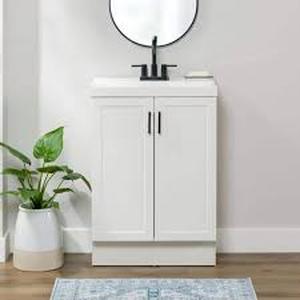 lot 19 image: Glacier Bay Penlee 25 in. Single Sink White Bath Vanity with White Cultured Marble Top (Assembled)   Customer Returns See Pictures