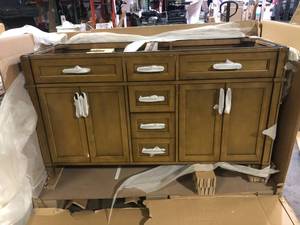 lot 5 image: Home Decorators Collection Caville 60 in. Double Sink Almond Latte Bath Vanity No Top   Customer Returns See Pictures