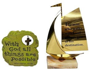 lot 85 image: Religious Statue Bundle (2) Stone Plaque  Brass Sailboat Sculpture with Script