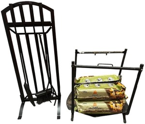 lot 144 image: Fireplace Tool Set with Log Rack with 5 Pine Mountain Firelogs Bundle