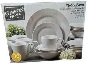 lot 216 image: Gibson Home Noble Court 30 Piece Ceramic Dinnerware Set is a white, round dinnerware set for six people, Brand New