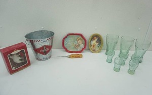 lot 10 image: Coca-Cola Tin Trays, Galvanized Bucket, Ice Pick, Tiny Glasses, Large Glasses & Hallmark Keepsake Coca-Cola Polar Bear