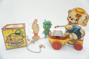 lot 88 image: Vintage Mattel Mother Goose Jack-In-The-Box Tin Toy & Wooden Fisher Price Pull & Play Fido Zilo