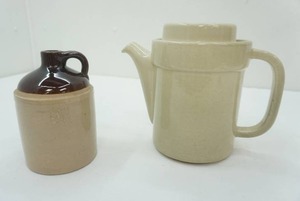 lot 101 image: Antique Stoneware Whiskey Jug & Vintage Pfaltzgraff TeapotCoffee Pot